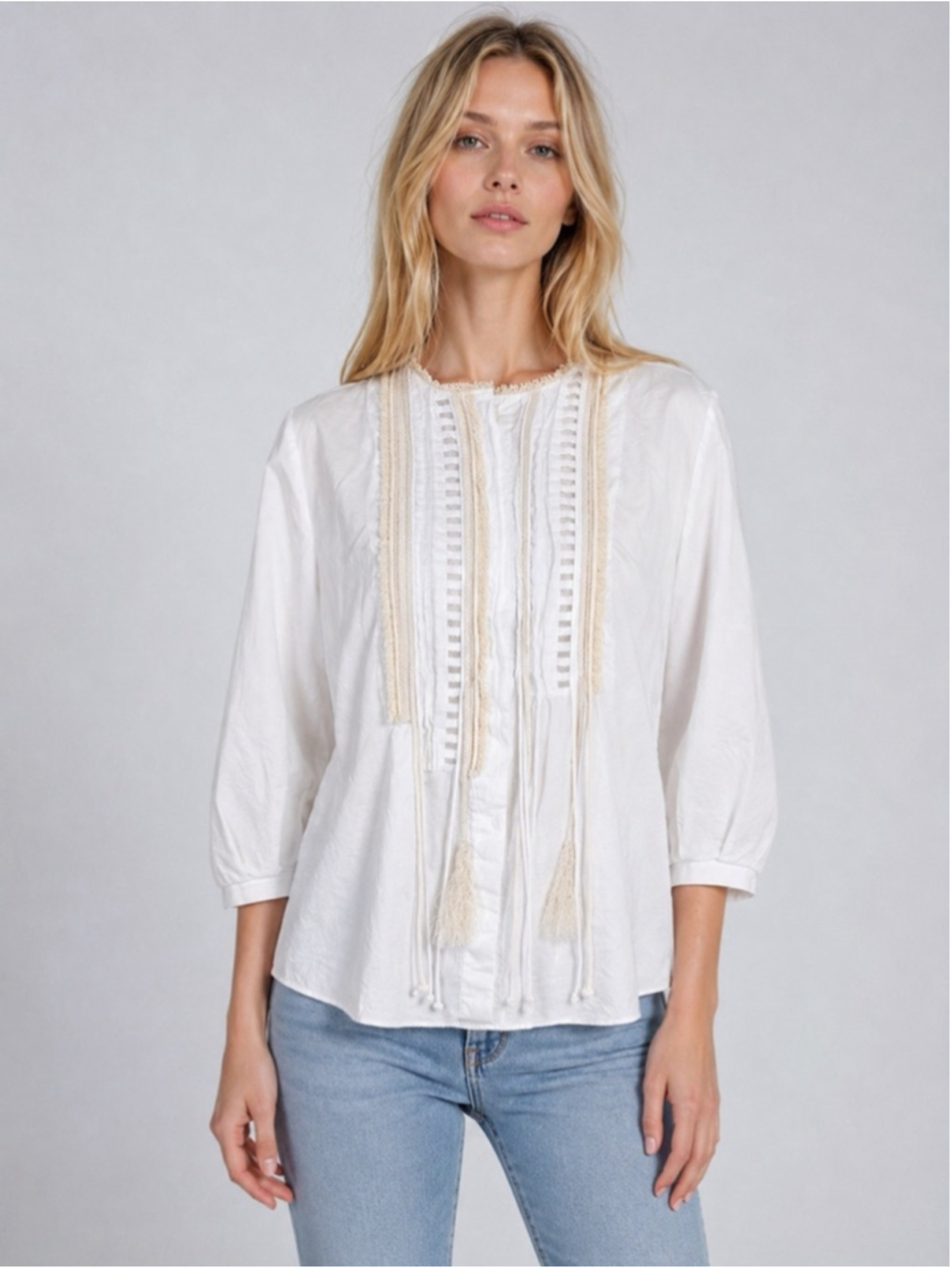 Dorothee Schumacher White Cotton Blouse Boho Fringe Resort Chic Top Size L = 4